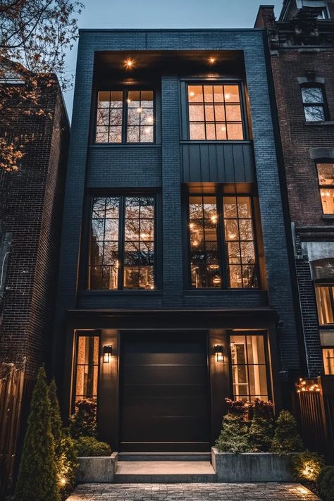 Dark Gray Brick House Exterior, Exteriors With Black Windows, Black Roof House, All Black Houses, Gray Brick House Exterior, Dark Academia House Exterior, Modern Black House Exterior, Dark Home Exterior, Dark House Exterior