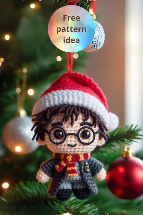 Crochet a Harry Potter Ornament Amigurumi  with this pattern! Add a festive, magical touch to your holiday decor with this charming amigurumi ornament. Polar Express Crochet, Harry Potter Crochet Ornament, Crochet Harry Potter Ornaments, Amigurumi Christmas Tree Free Pattern, Amigurumi Harry Potter Free Pattern, Crochet Harry Potter Pattern Free, Christmas Harry Potter Decoration, Harry Potter Christmas Tree Diy, Free Crochet Christmas Ornaments Pattern