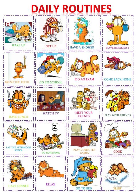 GARFIELD DAILY ROUTINES POSTER-FLASH CARDS SET - English ESL Worksheets for distance learning and physical classrooms Hairstyles For Daily, Daily Routine Worksheet, Daily Routine Activities, Routine Cards, Flashcards For Kids, Kids English, English Classroom, English Language Teaching, English Lessons For Kids