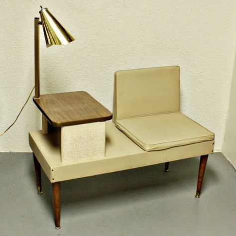 Vintage Gossip Phone Bench | Vintage telephone seat "Gossip Bench". Lamp With Table Attached, Knitting Chair, Telephone Chair, Telephone Bench, Telephone Seat, Floor Lamp With Table, Lamp With Table, Gossip Bench, Industry Design