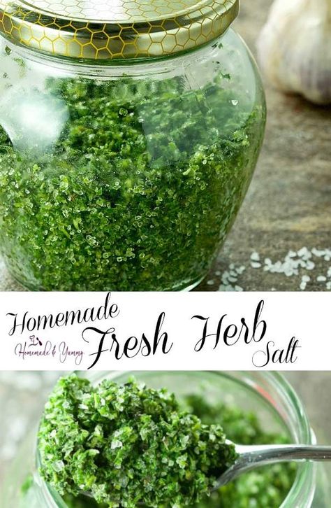 Fresh Herb Salt is a great way to preserve garden herbs. Last for months in the fridge. Infused Salt Recipes, Flavored Salts Recipes, Herb Salt Recipe, Herb Salt, Garden Herbs, Flavored Salts, Tandoori Masala, No Salt Recipes, Homemade Spices