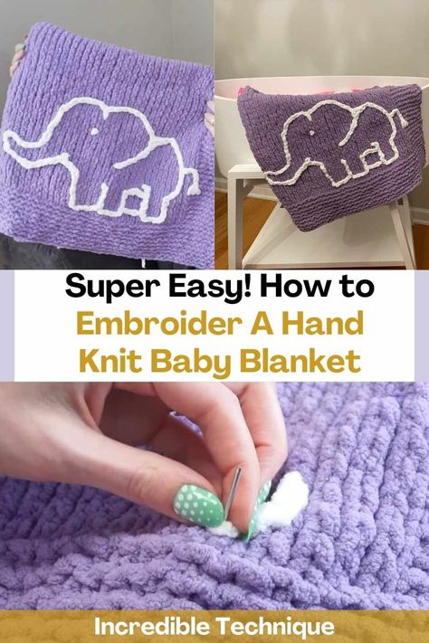 With this video tutorial you will learn how to use the chain stitch embroidery technique to add a design to a hand-knitted baby blanket! The creator of this video chose to hand embroider an elephant on her blanket and instead of yarn, used a contrasting Bernat Baby Blanket yarn color. You can create the design you want with this incredible technique and make your blanket unique. Get creative! Choose the colors that you like the most and begin to make an incredible embroidery on your blanket... Embroidery On Crochet Blanket, Embroidered Blankets Ideas, Baby Blanket Embroidery Ideas, Baby Blanket Embroidery, Hand Embroidered Baby Blanket, Blanket Embroidery, Hand Knit Baby Blanket, Embroidered Baby Blanket, Knot Blanket