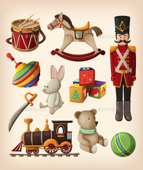 Set of Colorful Vintage Christmas Toys Old Fashioned Toys, Vintage Christmas Toys, Toys Land, Kids Vector, Christmas Tree Toy, Christmas Socks, Retro Toys, Christmas Vectors, Rocking Horse