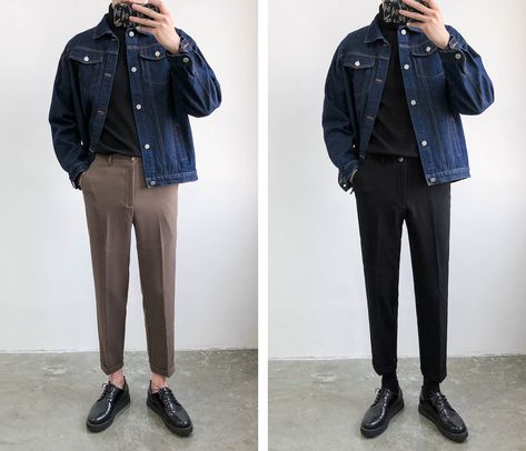 Jeans Jacket Style Men, Turtle Neck And Jacket Outfit, Dark Blue Jacket Outfits Men, Dark Denim Jacket Outfit Men, Jacket Jeans Outfit Men, Dark Blue Denim Jacket Outfit Men, Black Oxford Shoes Outfit Men, Dark Blue Pants Outfit Men, Blue Jean Jacket Outfits Men