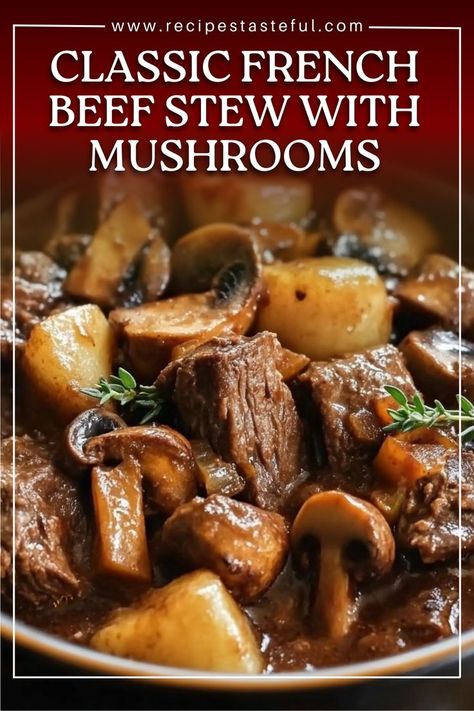 A hearty and comforting classic French beef stew, featuring tender beef, crispy bacon, and earthy mushrooms, perfect for cozy family dinners. Beef Stew With Mushrooms, High Protein Food List, Protein Food List, Stew With Mushrooms, Beef And Mushroom Stew, French Beef Stew, Beef Skillet, Cooking For Dummies, High Protein Food