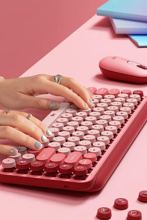 keyboard for college dorm wireless keyboard bluetooth keyboard usb keyboard os compatible keyboard college student keyboard colorful keyboard Logitech Keyboard Aesthetic, Keyboard Photoshoot, Logitech Pop Keys, Typing Keyboard, Emoji Pop, Colorful Keyboard, Pink Desktop, Office Goals, Logitech Keyboard