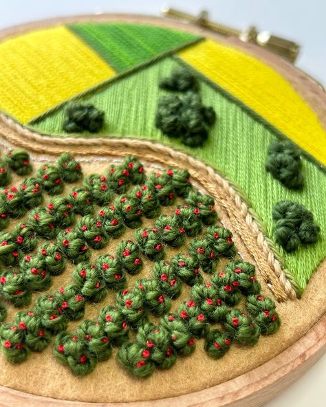 Take the dirt road past the apple orchard with me 🍎 The first of five aerial farmland embroidery hoops you’ll see from me this week. Smooth satin stitch fields are contrasted with rows of tapestry wool knots decorated with tiny red apple knots. I used four different types of thread to create this piece. Hope you enjoy. If you got this far, just know that the best one is coming tomorrow 😉 . . . @dmc_embroidery @dmc_crafts @dmc_france #embroidery #embroidered #needlework #handembroidery #fiber... Aerial Farmland, France Embroidery, Agriculture Architecture, Embroidery Field, Map Embroidery, Hoops Embroidery, Farm Embroidery, Tapestry Embroidery, Diy Moss