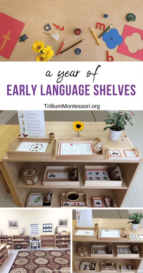 A year of early language Montessori shelves Playroom Montessori, Montessori Shelves, Montessori Trays, Montessori Activities Preschool, Montessori Kindergarten, Montessori Curriculum, Montessori Nursery, Montessori Shelf, Montessori Parenting