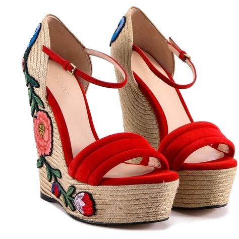 Gucci Embroidered Suede Platform Espadrille Wedges ($600) ❤ liked on Polyvore featuring shoes, sandals, strappy wedge sandals, platform espadrilles, platform sandals, wedge espadrilles and espadrille sandals Red Wedge Shoes, Red Platform Sandals, Red Wedge Sandals, Red Sandals Heels, Red Wedges, Platform Espadrille Sandals, Strappy Platform Sandals, Shoes Heels Classy, Model Shoes