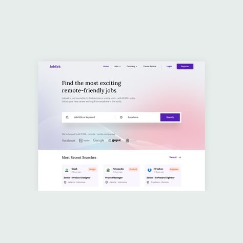 Check out our sleek new landing page concept – a professional job search portal with clean gradients, sharp elements, and an emphasized search bar for quick job hunting. All Credits to: Dwiky Setiawan #ui #ux #uiux #userinterface #userexperience #uidesign #uxdesign Search Bar Ui, Translator App, Search Ui, Website Design Layout, Search Page, Job Portal, Search Bar, Job Hunting, Software Engineer