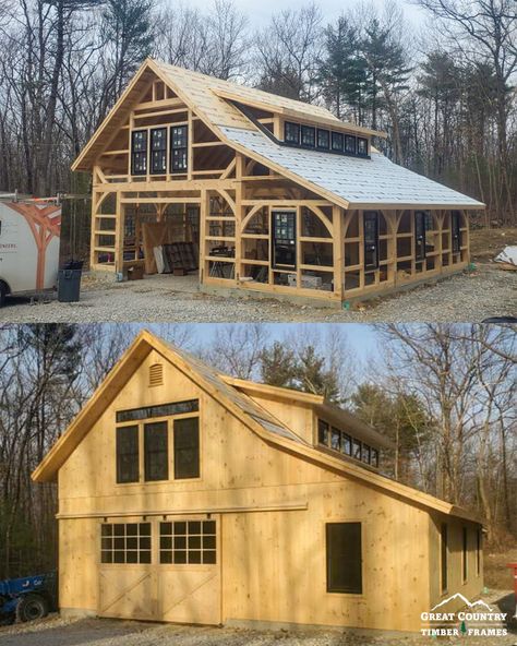 Timber Frame Windows, Carriage House Exterior, Cabin With Shed Dormer, House With Shed Dormer, Small Barn Ideas, Shed Roof Timber Frame House, Barnwood Builders Houses, Simple Barn With Loft, Small Barn Home