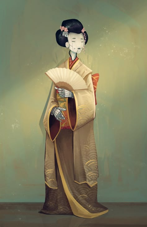 Robot Geisha by Dylan Eurlings on ArtStation. Robot Geisha, Cyberpunk Comic, Cyberpunk Japan, Cyberpunk Dnd, Geisha Drawing, East Asian Culture, Dragon Japanese, Inspired Drawings, Spirit Blossom