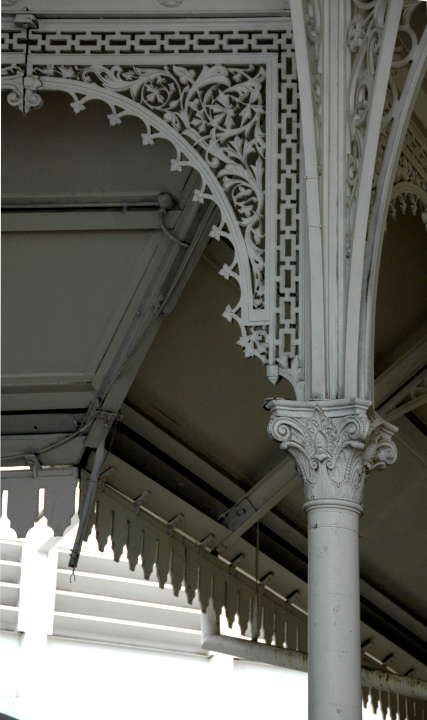 Wrought iron tracery and column Cast Iron Columns, Victorian Pillar Columns, Victorian Ironwork, Victorian Porches, House Pillar Design, Perfume Factory, House Pillars, Cast Iron Architecture, Iron Pergola