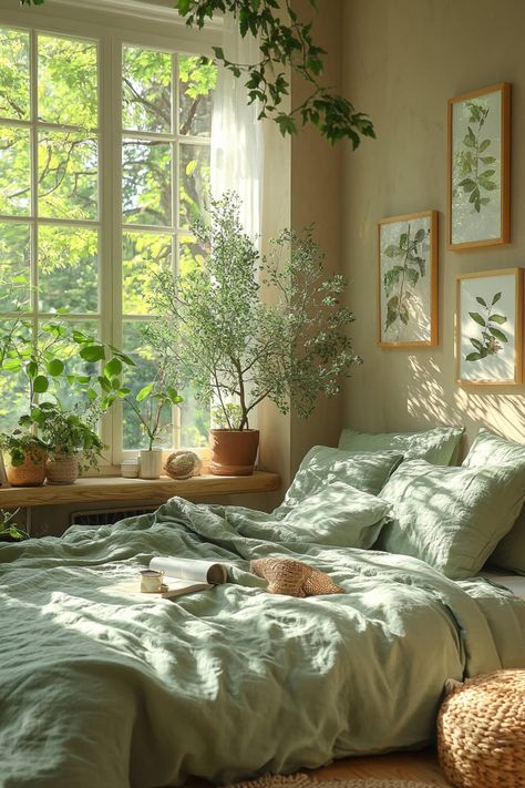 Genius 24+ Olive Green Apartment Tips for Women Earthy Green Interior Design, Apartment Aesthetic Earthy, Green Themed Apartment, Light Green Sheets, Forest Apartment Aesthetic, Earth Green Bedroom, Apartment Aesthetic Green, Green Bed Sheets Aesthetic, Greenery In Bedroom