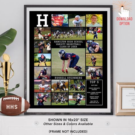 Football Photo Collage, Sports Pictures Display Photo Collages, Senior Photo Collage Ideas, Sports Pictures Display, High School Experience, Photo Collage Poster, Collage Gifts, Football Banquet, Graduation Poster