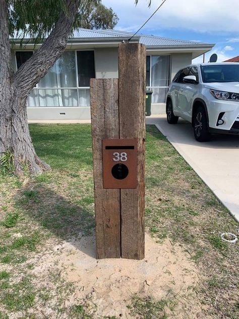 Railway Sleeper Mailbox Ideas, Rustic Letterbox Ideas, Sleeper Letterbox Ideas, Brick Letterbox Ideas Australia, Railway Sleeper Letter Boxes, Letterbox Ideas Australia, Rustic Letterbox, Letterbox Ideas, Letter Box Design