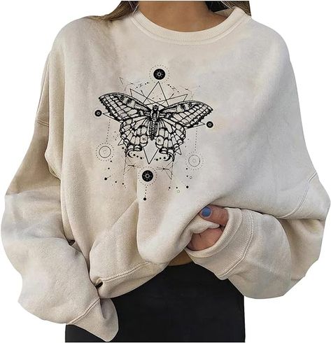 Long Sleeve Tunic Sweatshirt Printed Long Neck Casual Sweatshirts Butterfly Collection, Beige Pullover, Oversize Pullover, Loose Hoodie, Tunic Sweatshirt, Loose Top, Loose Sweater, Workout Sweatshirt, Beige Sweater