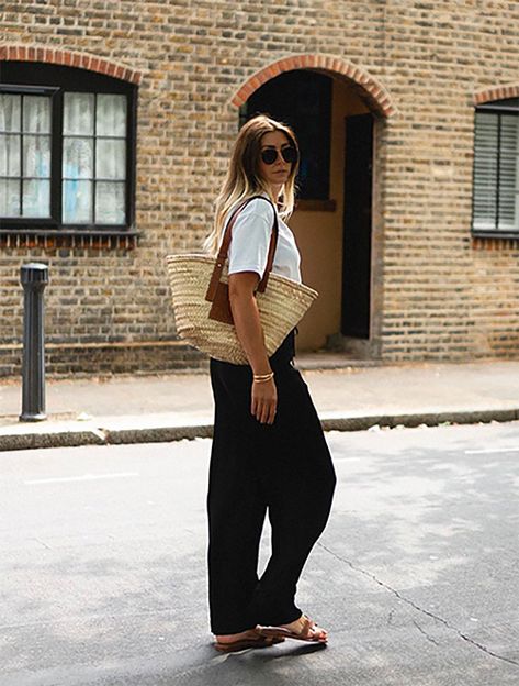 Tan Hermes Sandals Outfit, Loewe Basket Bag Medium, Hermes Oran Sandals Outfit Street Styles, Black Satin Trousers Outfit, Hermes Oran Outfit, Black Trousers Outfit Summer, Loewe Basket Bag Outfit, Tan Sandals Outfit, Tan Bag Outfit