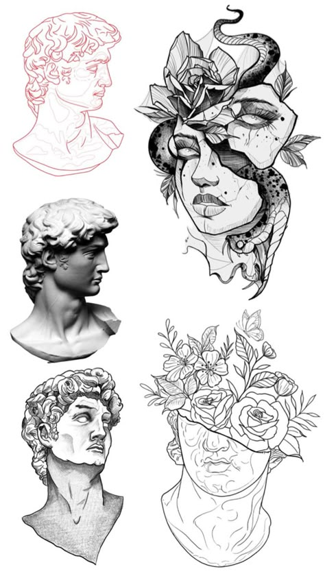 References for Staue if David Tattoo Design David Statue Tattoo, Greek Bust Tattoo, David Tattoo Design, Socrates Tattoo, Statue Of David Tattoo, Statue Tattoo Ideas, Statue Tattoo Design, Greek Statue Tattoo, Traditional Tattoo Woman