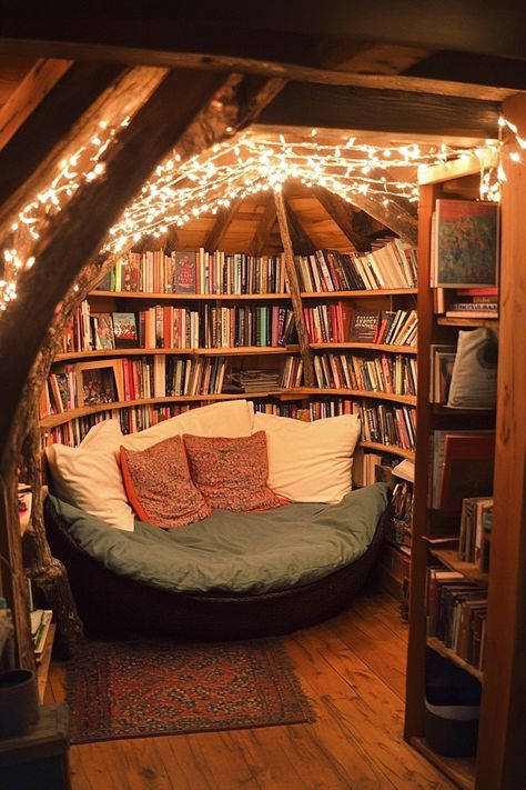 Design the perfect reading corner for your dream bedroom with built-in bookshelves, fairy lights, and a cozy round layout Dream Room With Books, Read Room Ideas, Personal Library Ideas Small Spaces, Book Nook By Window, Dark Home Library Cozy, Reading Nooks Aesthetic, Book Nooks In Bedrooms, Walk In Closet Book Nook, Soft Library Aesthetic