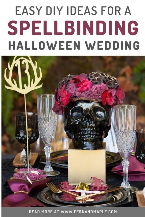 Friday 13 Wedding Ideas, Halloween Country Wedding Ideas, Samhain Wedding Ideas, Halloween Wedding Reception Food, Halloween Wedding Centerpieces Diy, Diy Goth Wedding, Halloween Wedding Ceremony Decor, Halloween Wedding Reception Ideas, Diy Halloween Wedding Decorations