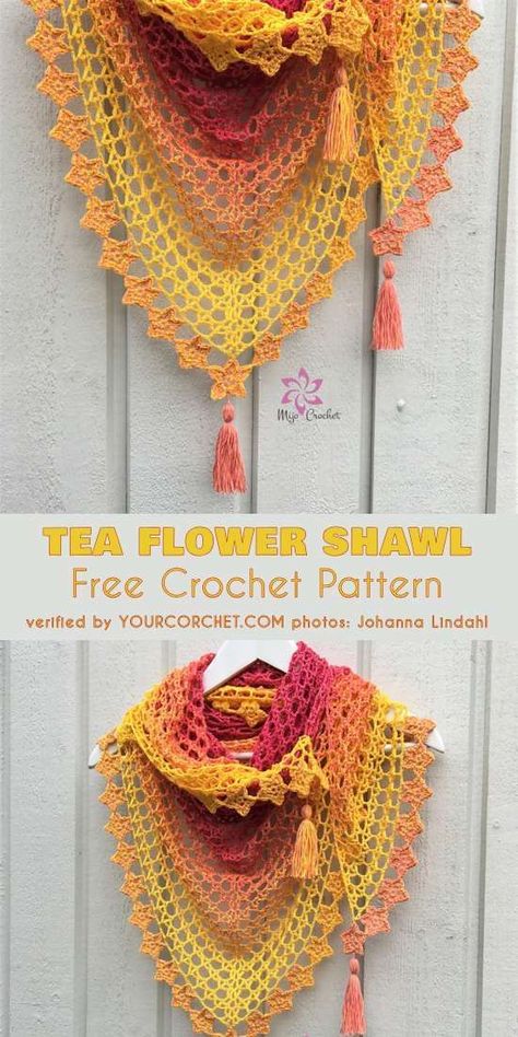 Tea Flower Shawl: FREE #Crochet Pattern This shawl is a hit. The Tea Flower Shawl is delicate, soft and drapes lovely. It will be an eye-catching addition to your summer outfit. The little flowers around the edge, which give it an even more summery look, are optional and there is an alternative picot border included. You can make this wrap in any size you want. Crocheted Shawls, Flower Shawl, Crochet Shawl Free, Poncho Crochet, Gilet Crochet, Crochet Shawls And Wraps, Crochet Shawls, Crochet Wrap, Shawl Crochet Pattern