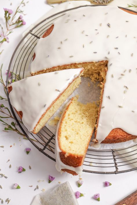 Lavender Honey Chamomile Tea Cake Chamomile Lavender Cake, Honey Tea Cake, Imbolc Baking, Chamomile Dessert, Chamomile Tea Cake, Lavender Tea Cake, Honey Lavender Cake, Lavender Honey Cake, Cottagecore Baking Recipes