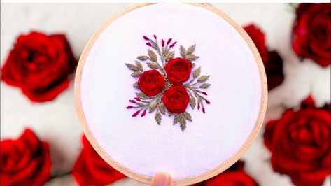 Easy Hand Embroidery: Simple Floral Bunch for Mini Hoop | Woven Rose Floral Bunch | Artometry Embordery Patterns Design Easy, Rose Stitch Embroidery Design, Easy Rose Embroidery, Woven Stitch Embroidery Design, Woven Rose Embroidery Design Patterns, Embroidery Rose Flower, Embroidery Rose Designs, Hand Stiching Designs, Hand Embroidery Simple Designs