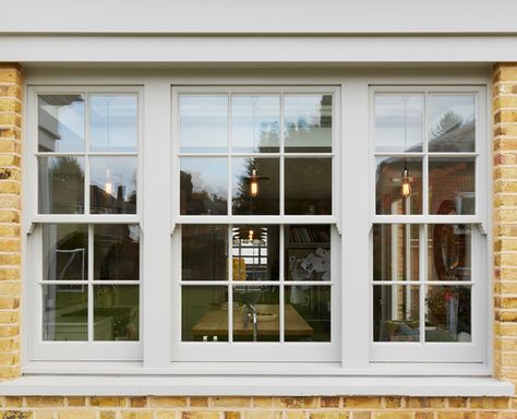 Timber weighted box sash window Sash Upvc Windows, Wide Sash Windows, Wide Sash Window, Double Sash Windows, Bungalow Windows, Hampton Exterior, Front Window Design, Upvc Sash Windows, Georgian Windows