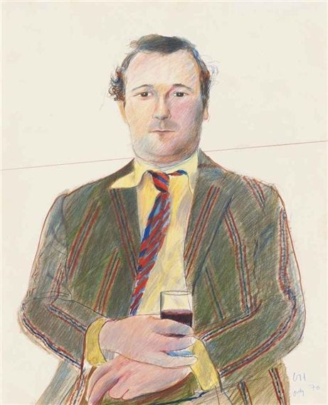 Artwork by David Hockney, Portrait of Peter Langan with a glass of wine, Made of coloured crayon David Hockney Portraits, David Hockney Paintings, David Hockney Art, Peter Blake, Robert Rauschenberg, Pop Art Movement, Digital Museum, Edward Hopper, A Glass Of Wine