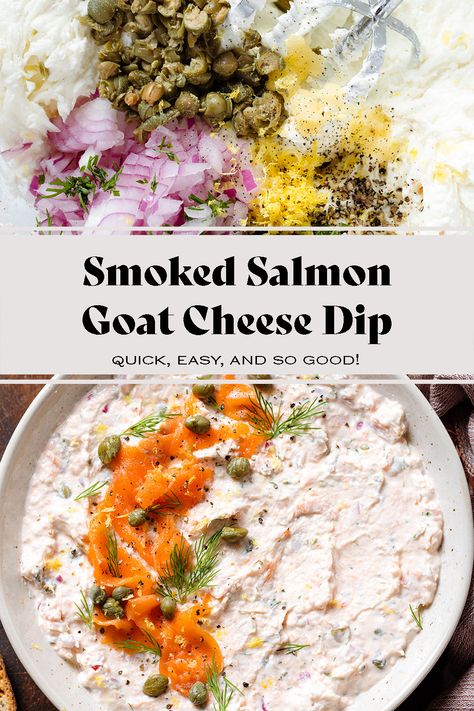 This Smoked Salmon Dip with whipped goat cheese is super easy to make, and flavorful. It's the perfect appetizer or party food served with chips, crackers, toasted bread, or crudités. It's great for get-togethers and game nights but it's also fancy enough to be served at any Christmas or New Year's Eve party! Goat Cheese Salmon, Salmon Goat Cheese, Salmon Salad Sandwich, Canned Salmon Salad, Appetizers Seafood, Smoked Salmon Appetizer, Goat Cheese Dip, Smoked Salmon Bagel, Salmon Dip