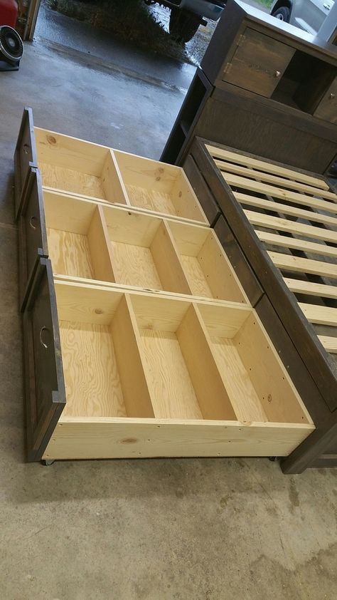 Diy Beds With Storage Underneath, Trundle Bed Storage Ideas, Diy Under The Bed Drawers, Diy Full Bed With Storage, Trundle Storage Ideas, Pallet Bed With Storage Underneath, Building A Platform Bed With Storage, Diy Double Bed With Storage, Twin Beds With Storage Underneath