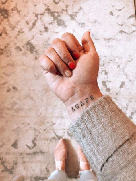 Christian Wrist Tattoos, Agape Tattoo, Lil Tattoos, Tatoo Dog, Tiny Tats, Tattoo Wrist, Tattoos Inspo, Warrior Tattoos, Writing Tattoos