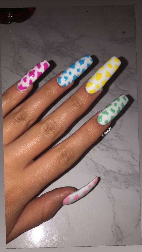 Rainbow Cow Print Nails, Rainbow Cow Print, Cow Print Nails, Summer Acrylic, Cow Nails, Cute Acrylic Nail Designs, Print Nails, Long Acrylic Nails Coffin, Short Acrylic