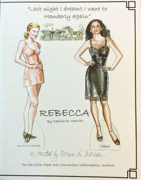 Based on the book by Daphne du Maurier, here are paper dolls of the 2nd Mrs. DeWinter, played by Joan Fontaine in the 1940 Hitchcock movie and Lily James in the 2020 version, and Rebecca, unseen in both movies. Rebecca 2020, Rebecca Book, Rebecca Daphne Du Maurier, Joan Fontaine, Daphne Du Maurier, Movies Art, Film Paper, Paper Dolls Book, Hooray For Hollywood