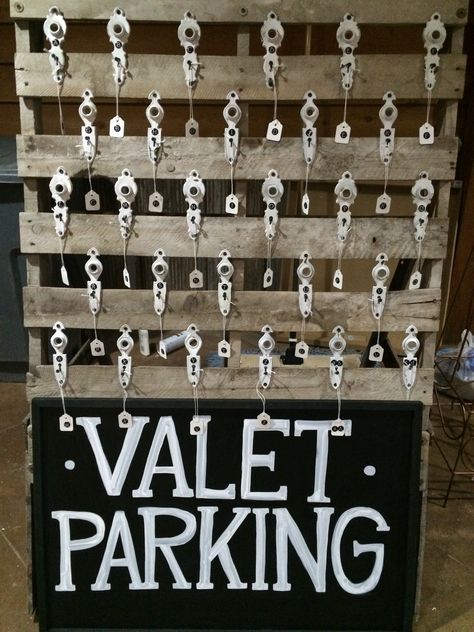 Valet Parking Stand -repurposed pallet Valet Stand, 50th Anniversary Party, Wedding Projects, Rooftop Wedding, Hollywood Party, Valet Parking, Car Lot, Prom Ideas, Boho Chic Wedding