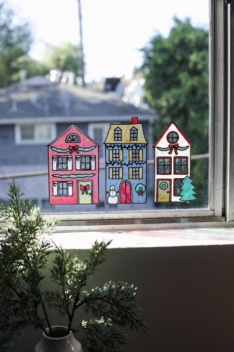 Make Your Own Christmas Village Window Clings — Entertain the Idea Diy Window Clings, Christmas Window Clings, Diy Christmas Crackers, Christmas Content, Christmas Village Collections, Instax Photos, Old Picture Frames, Bead Earring, Spring Decor Diy