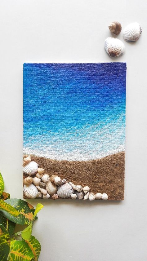 Seashell On Canvas Art, Seashell Ideas Diy, Diy Beach Wall Art, Beach Painting Ideas, Beachy Paintings, Paintings Beach, Seashell Art Diy, Beachy Art, Beach Paintings