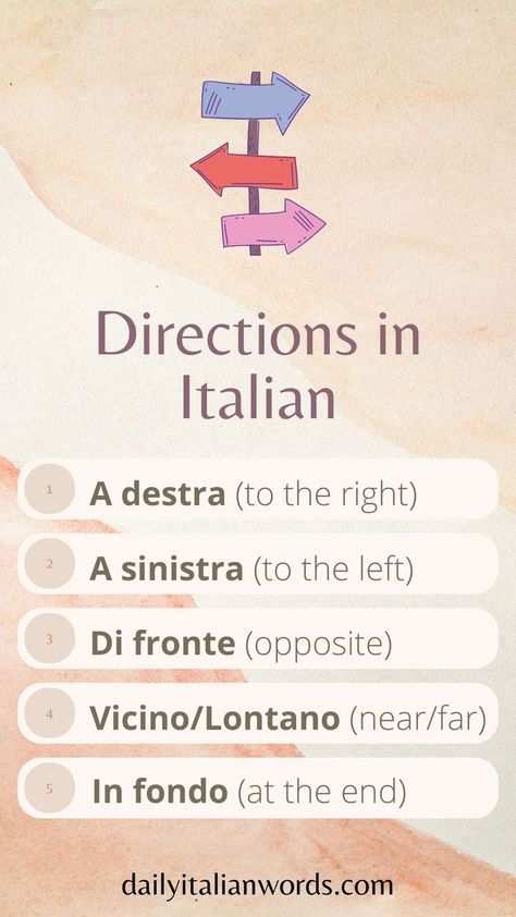 directions in italian - a destra - a sinistra - di fronte - vicino - lontano - in fondo Italian Vocabulary Words, Learning Italian Aesthetic, Italian Phrases For Travelers, How To Learn Italian, Learn Italian Language, Directions Worksheet, Asking For Directions, Italian Courses, Basic Italian