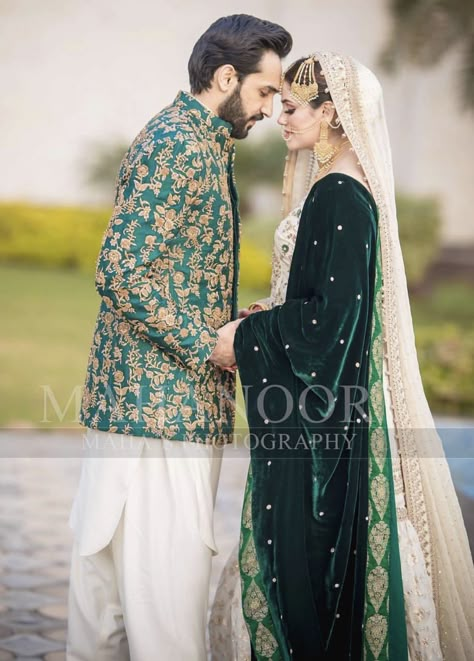 Nikkah ( love her velvet emerald green shawl ) Nikkah Outfit Green, Emerald Green Nikkah Dress, White And Green Nikkah Outfit, Green Nikkah Dress, Duppata Designer, Green Nikkah, Velvet Shawl Wedding, Nikkah Outfit, Nikah Outfit