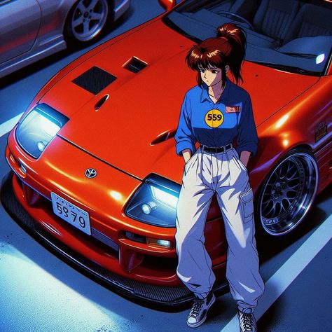 Jdm With Anime, Cars With Anime Characters, Anime Car Aesthetic, Anime Car Wallpapers, Cars Pfp, Retro Anime Aesthetic, Racing Anime, Car Pfp, Gambit Wallpaper