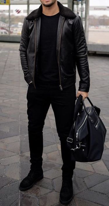 Mens Fashion Black Outfit, Men Wearing All Black, Lucifer Outfits Men, Black Casual Men Outfit, Black Tims Outfits Men, Men Outfit All Black, Black Men Winter Outfits Street Style, Black Winter Outfits Men, Harley Davidson Outfits Men