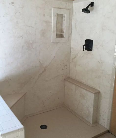 cultured marble shower white and tan with bench and shelves Cultured Marble Shower Ideas, Walking Shower Ideas, Marble Shower Floor, Walking Shower, Cultured Marble Shower Walls, Cultured Marble Shower, Marble Countertops Bathroom, Granite Shower, Shower Pans And Bases