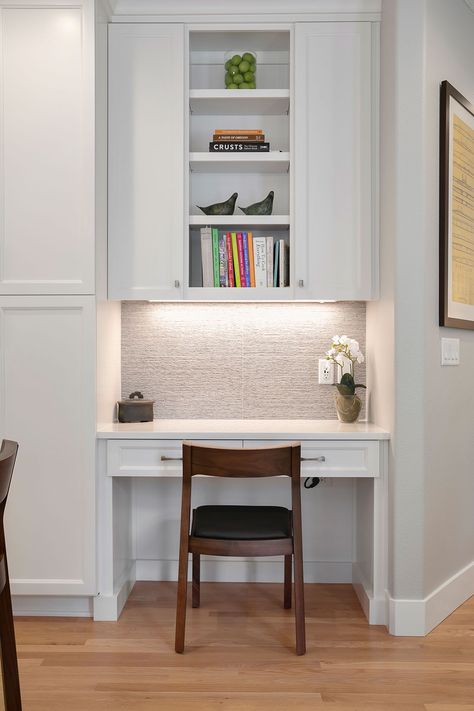 Built In Desk And Shelves Kitchen, Built In Office Nook In Kitchen, Built In Desk And Shelves Nook, Built In Desk Ideas Nooks, Small Kitchen With Desk Area, Built In Desk Nook Hallway, Laptop Desk In Kitchen, Desk Built In Kitchen, Kitchen Desks Built In