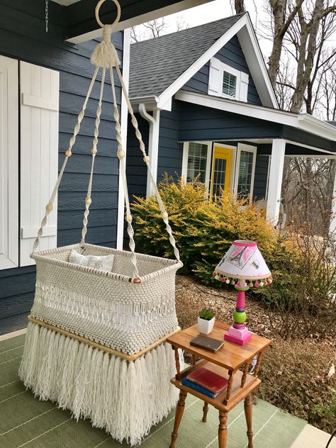 My boho macrame baby bassinet!  This was a custom order but if you are interested in ordering this item, you may message me through my Etsy shop, HolyChicBoutiqueCo. Hanging Bassinet Diy, Crochet Baby Bassinet, Diy Baby Bassinet, Macrame Bassinet, Hanging Baby Crib, Macrame Baby Swing, Hanging Bassinet, Macrame Hanging Bassinet, Macrame Cot Mobile