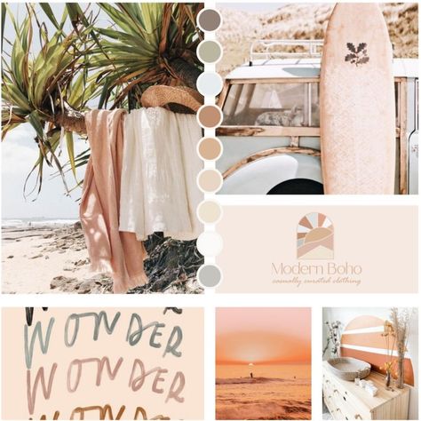 Boho Brand Board, Beach Boho Aesthetic, Earthy Mood Board, Boho Mood Board, Business Rebranding, Bohemian Loft, Surf Chic, Boho Color Palette, Branding Moodboard