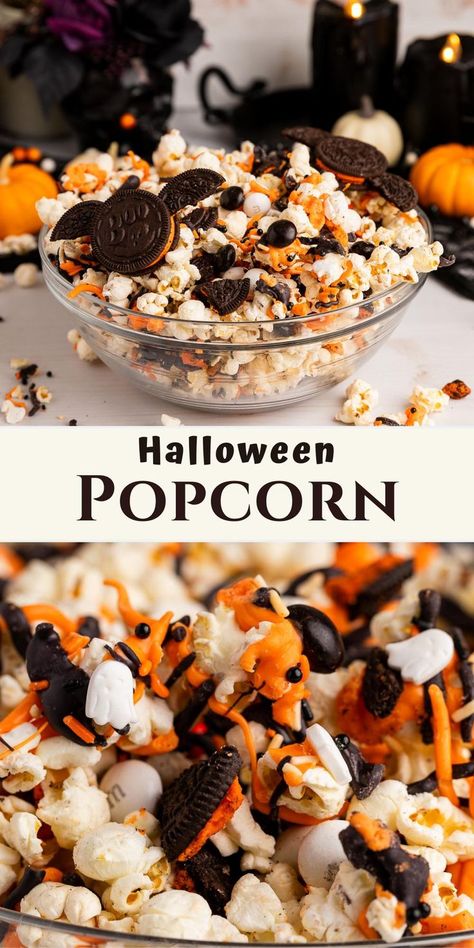 halloween popcorn in bowl and up close. Spooky Movie Night, Halloween Oreos, Halloween Popcorn, Spooky Halloween Treats, Halloween Movie Night, Movie Night Snacks, Halloween Party Snacks, Easy Halloween Food, Popcorn Recipe