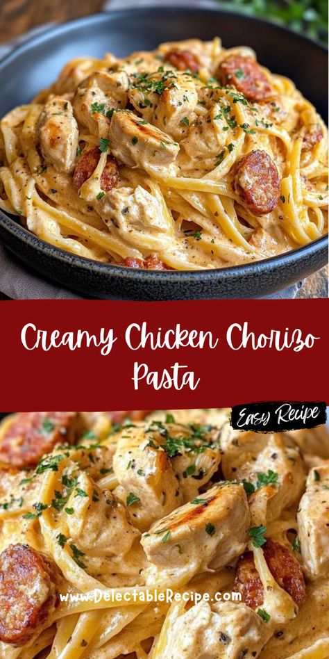 Chorizo Spaghetti Sauce, Chicken And Chorizo Pasta Bake, Pasta And Chorizo Recipes, Chorizo Carbonara Pasta, Spicy Chorizo Pasta, Dinner Ideas Saturday Night, Creamy Chorizo Pasta, Chicken Chorizo Pasta, Chicken And Chorizo Recipes