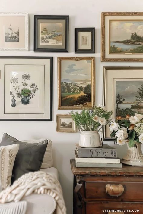 Gallery Wall Modern And Vintage, Mix Of Modern And Traditional Decor, Behind Couch Wall Decor Vintage, Romantic Style Decor, How To Style Side Table, Modern Vintage Decor Living Room Small Spaces, Large Wall Art Ideas Living Room, Gilded Vintage Decor, Old House Decorating Interior Design