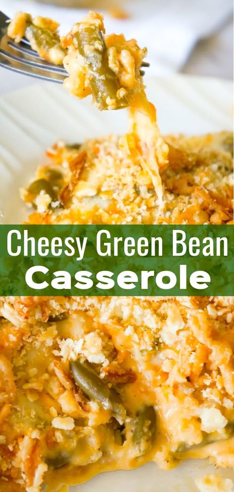 Cheesy Green Bean Casserole is an easy side dish recipe made with Campbell's cheddar cheese soup, shredded Parmesan, mozzarella, cheddar and topped with Townhouse Light and Buttery Original Crackers and French's Fried Onions. Green Bean Casserole Bacon, Cheesy Green Beans, Green Bean Casserole Campbells, Cheesy Green Bean Casserole, Best Green Bean Casserole, Green Bean Casserole Easy, Easy Green Beans, Greenbean Casserole Recipe, Cheddar Cheese Soup